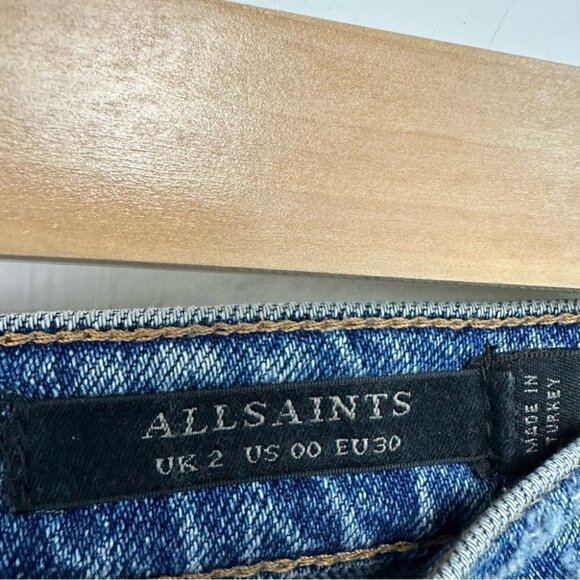 ALL Saints  Distressed Denim Raw Hem Mini Jean Skirt 00 - Picture 5 of 5